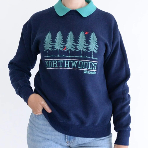 Vintage Lee Heavyweight Navy Embroidered Northwoods Wisconsin Collared Sweater M - Picture 1 of 13